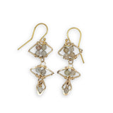 Gold filled triple diamond earrings filled with faceted rutilated quartz gemstones