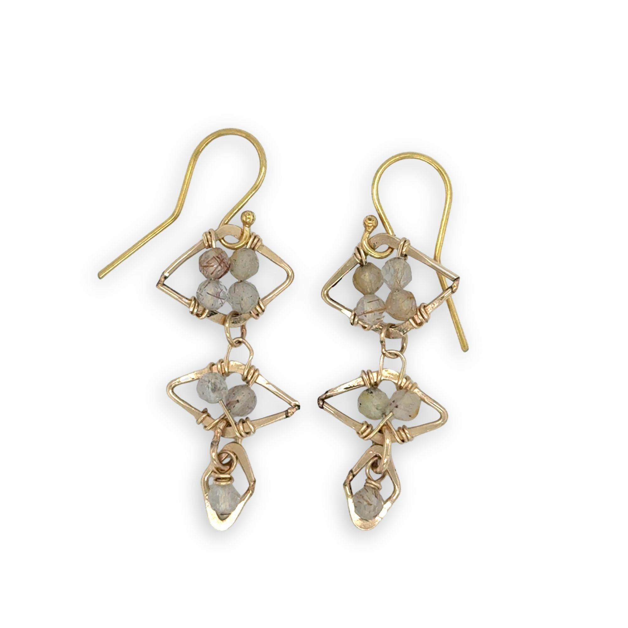 Gold filled triple diamond earrings filled with faceted rutilated quartz gemstones