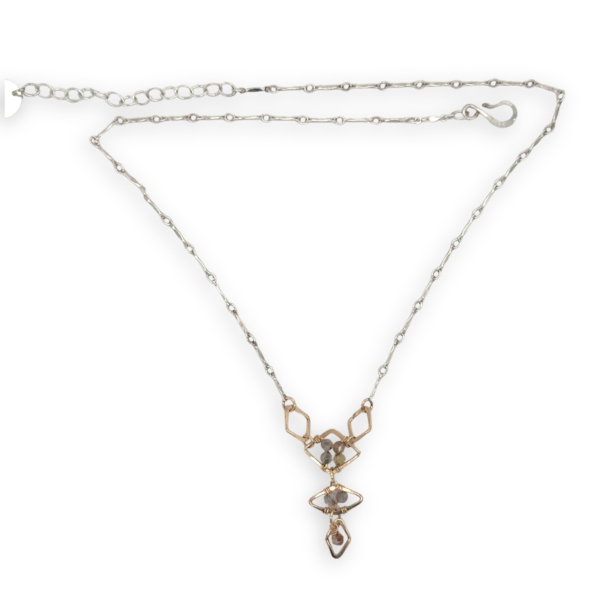 Gold filled hammered diamond shapes filled with rutilated quartz faceted gemstones to form a y shape necklace