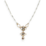 Gold filled hammered diamond shapes filled with rutilated quartz faceted gemstones to form a y shape necklace