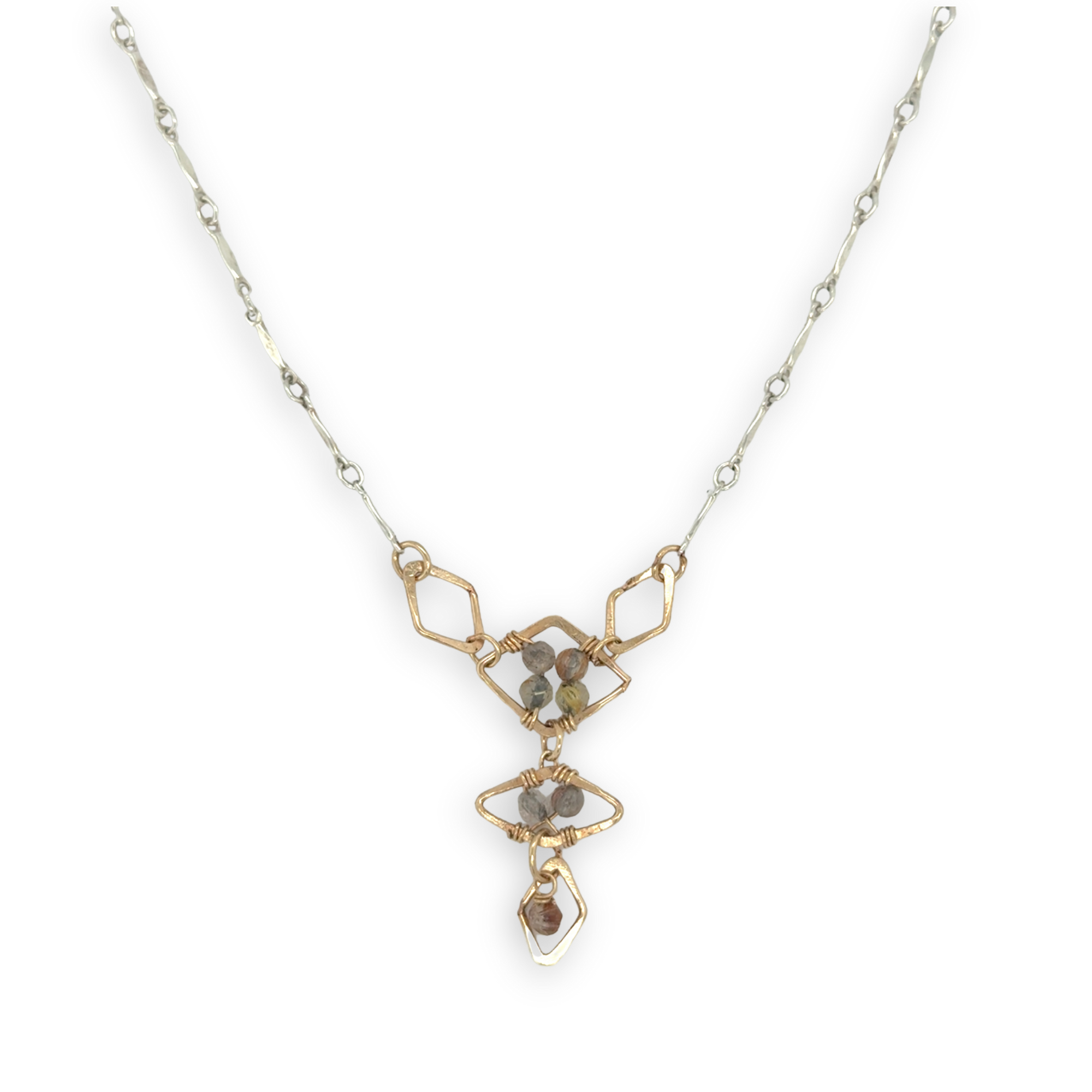 Gold filled hammered diamond shapes filled with rutilated quartz faceted gemstones to form a y shape necklace