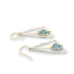 Tree stamped sterling silver triangle earrings with built in 14k gold filled earring hooks, featuring a chalcedony teardrop and apatite gemstones