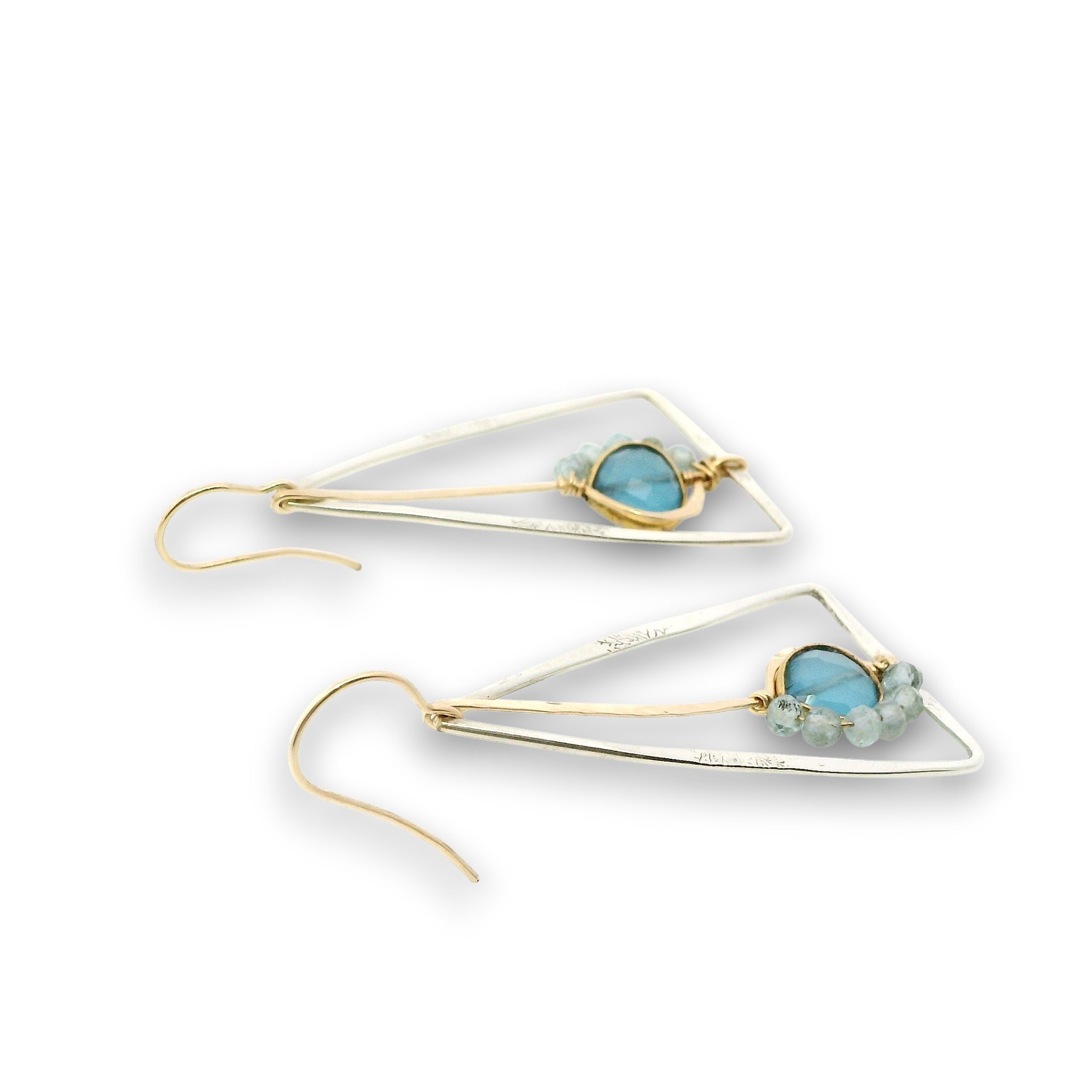 Tree stamped sterling silver triangle earrings with built in 14k gold filled earring hooks, featuring a chalcedony teardrop and apatite gemstones