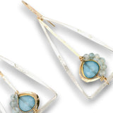 Tree stamped sterling silver triangle earrings with built in 14k gold filled earring hooks, featuring a chalcedony teardrop and apatite gemstones