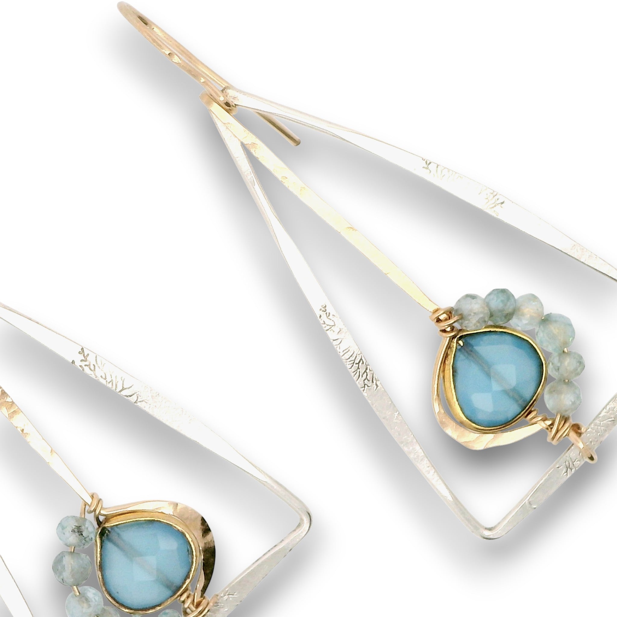 Tree stamped sterling silver triangle earrings with built in 14k gold filled earring hooks, featuring a chalcedony teardrop and apatite gemstones