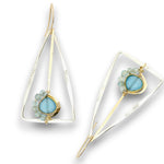 Tree stamped sterling silver triangle earrings with built in 14k gold filled earring hooks, featuring a chalcedony teardrop and apatite gemstones