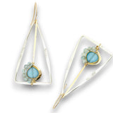 Tree stamped sterling silver triangle earrings with built in 14k gold filled earring hooks, featuring a chalcedony teardrop and apatite gemstones