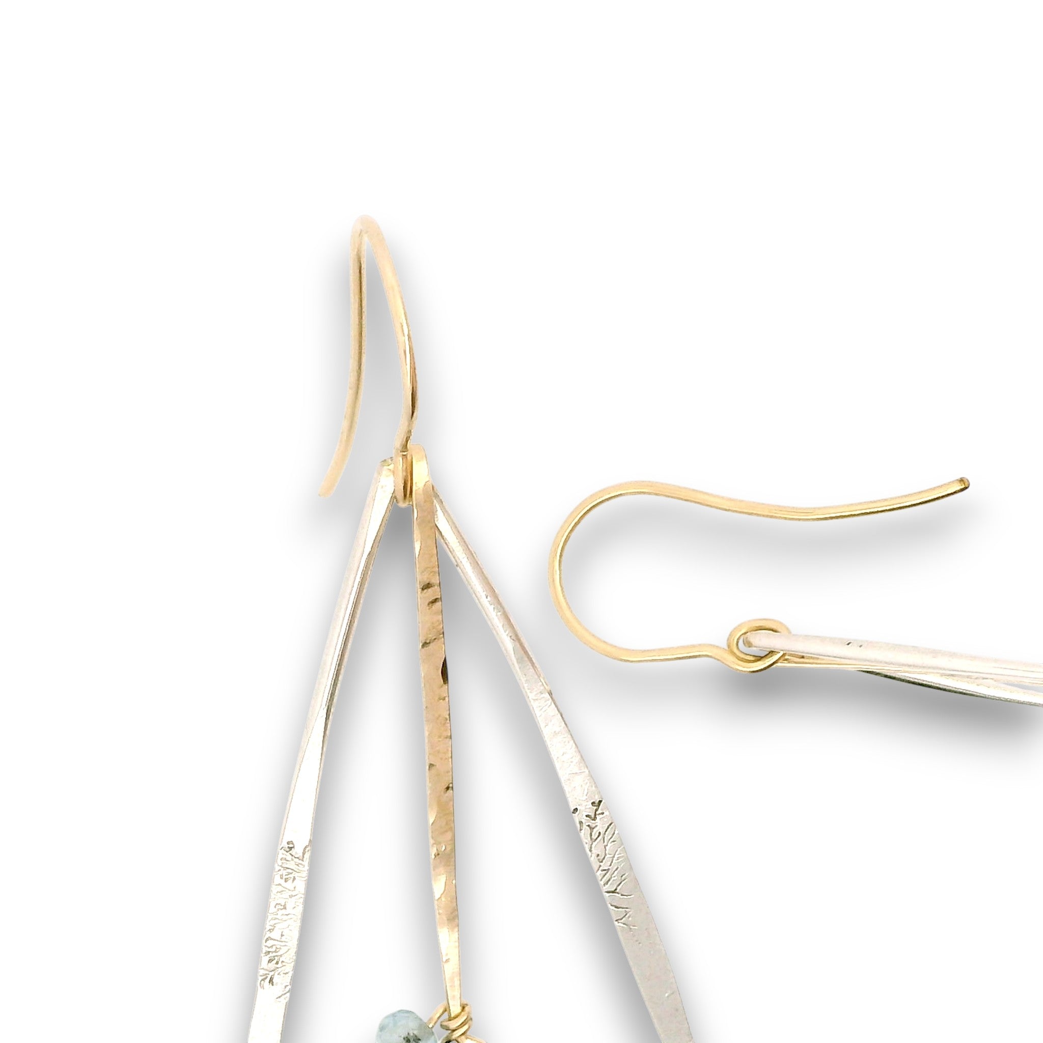 Tree stamped sterling silver triangle earrings with built in 14k gold filled earring hooks, featuring a chalcedony teardrop and apatite gemstones