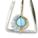 Tree stamped sterling silver triangle earrings with built in 14k gold filled earring hooks, featuring a chalcedony teardrop and apatite gemstones