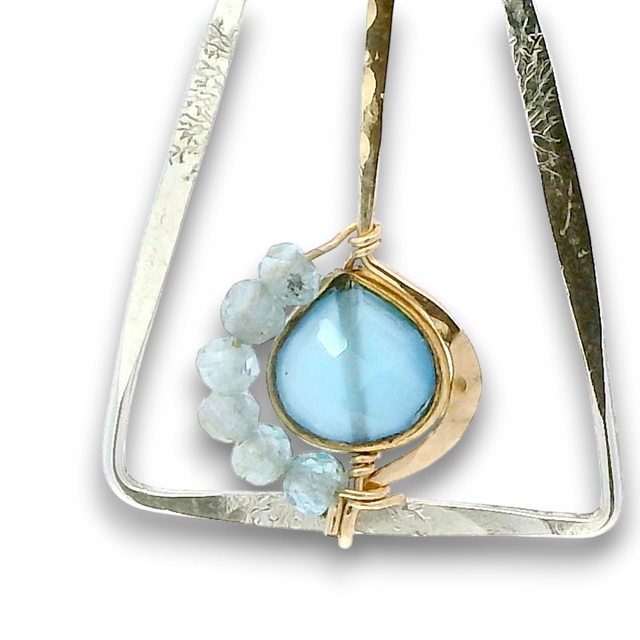 Tree stamped sterling silver triangle earrings with built in 14k gold filled earring hooks, featuring a chalcedony teardrop and apatite gemstones