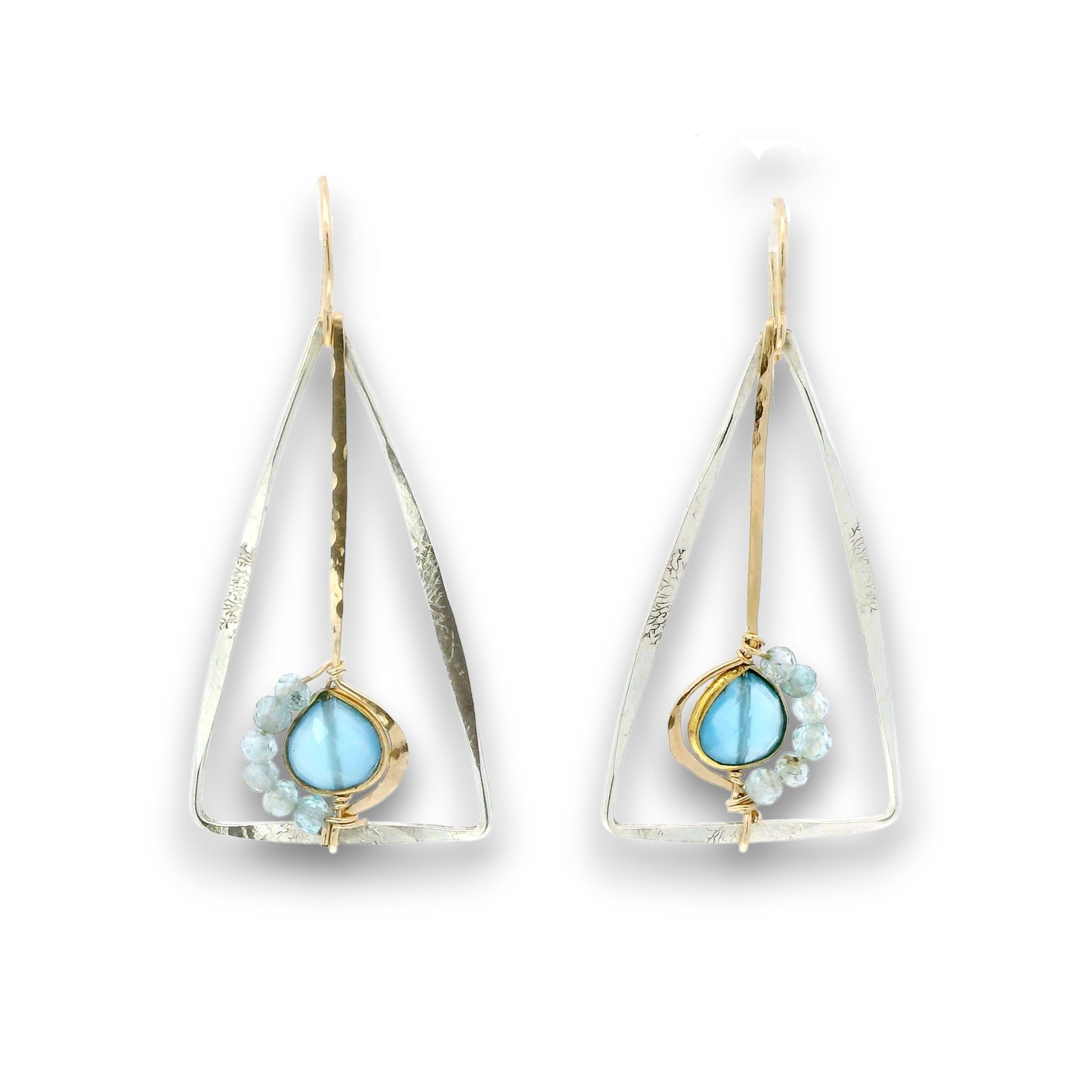 Tree stamped sterling silver triangle earrings with built in 14k gold filled earring hooks, featuring a chalcedony teardrop and apatite gemstones