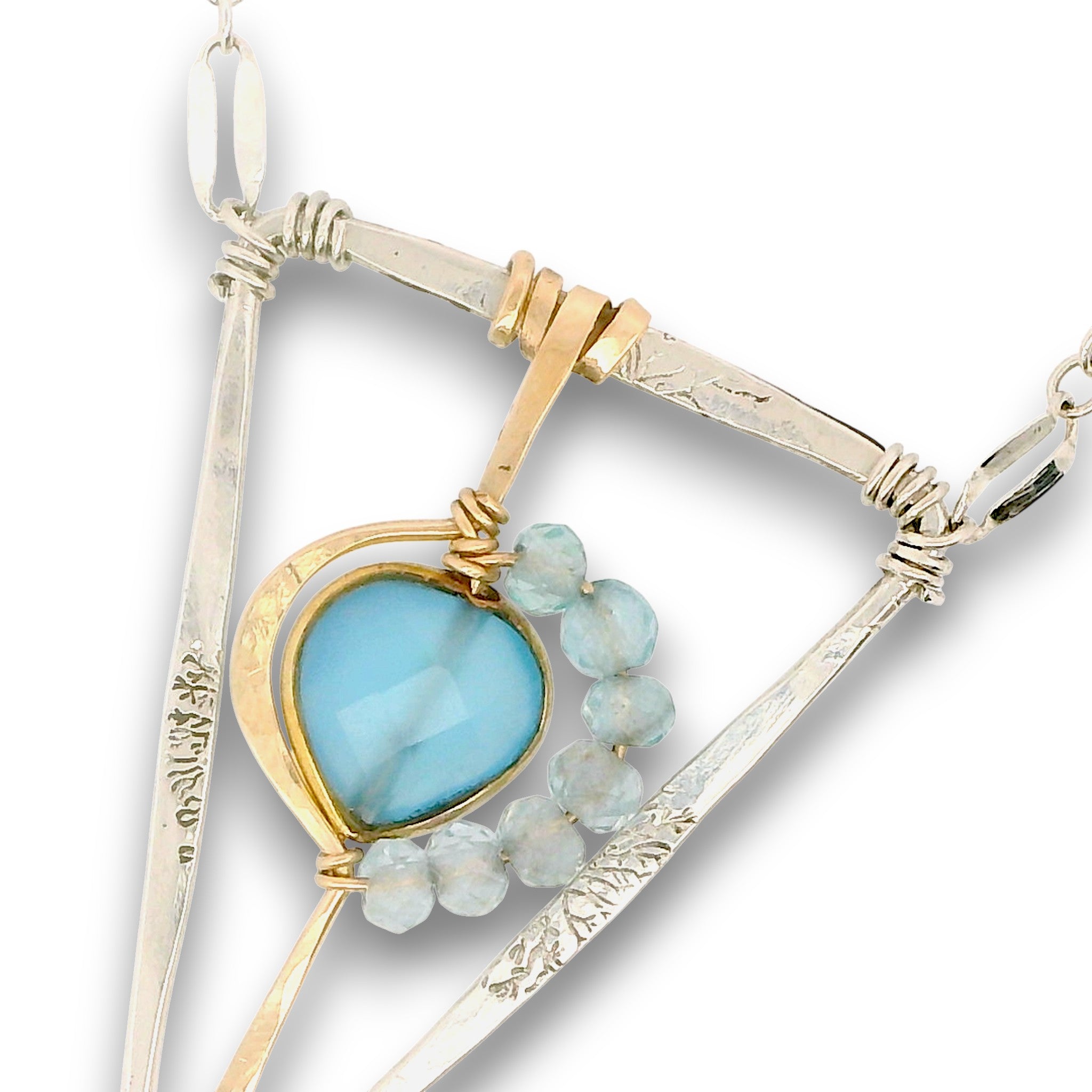 Tree stamped sterling silver and 14k gold filled triangle pendant with a chalcedony teardrop and apatite gemstones on a sterling silver chain necklace