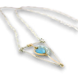Tree stamped sterling silver and 14k gold filled triangle pendant with a chalcedony teardrop and apatite gemstones on a sterling silver chain necklace