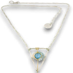 Tree stamped sterling silver and 14k gold filled triangle pendant with a chalcedony teardrop and apatite gemstones on a sterling silver chain necklace