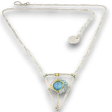 Tree stamped sterling silver and 14k gold filled triangle pendant with a chalcedony teardrop and apatite gemstones on a sterling silver chain necklace