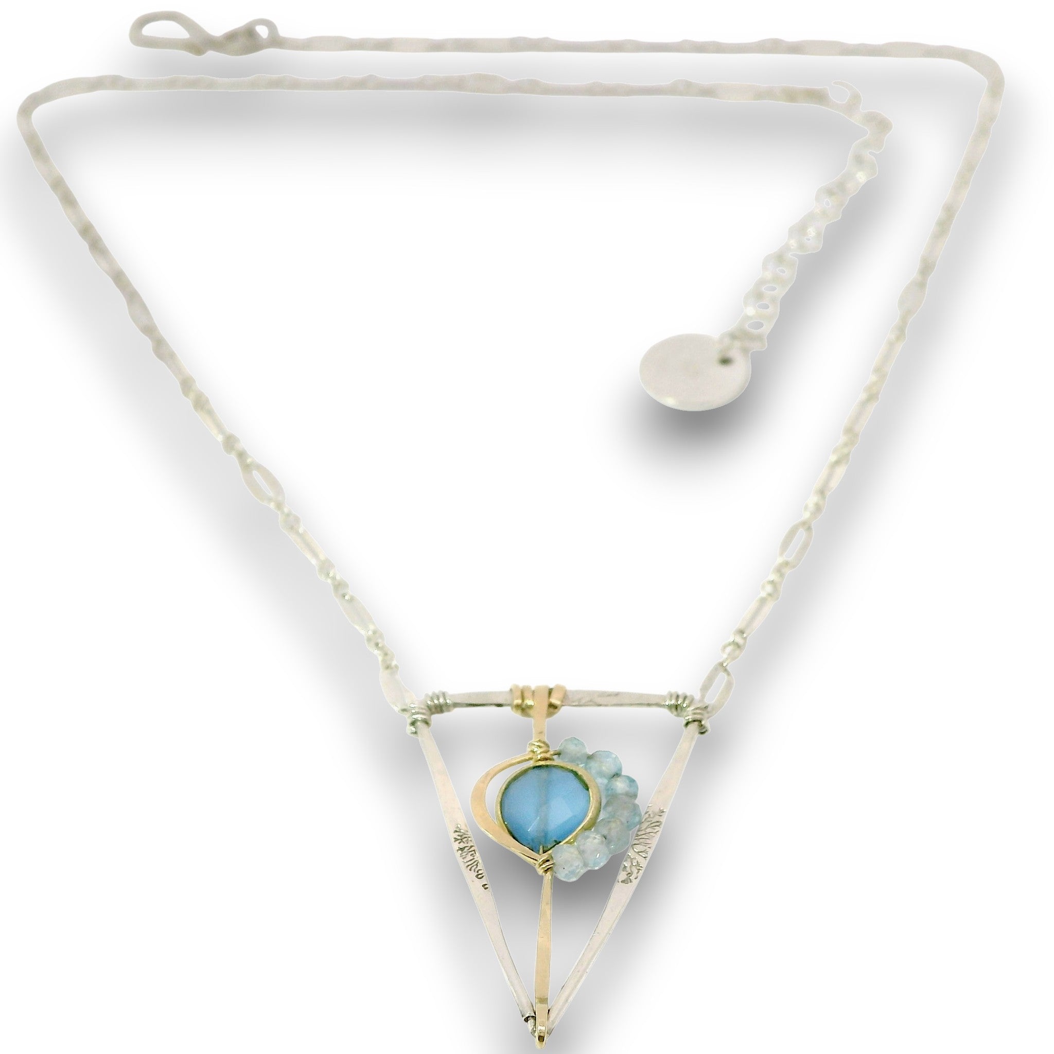 Tree stamped sterling silver and 14k gold filled triangle pendant with a chalcedony teardrop and apatite gemstones on a sterling silver chain necklace