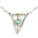 Tree stamped sterling silver and 14k gold filled triangle pendant with a chalcedony teardrop and apatite gemstones on a sterling silver chain necklace
