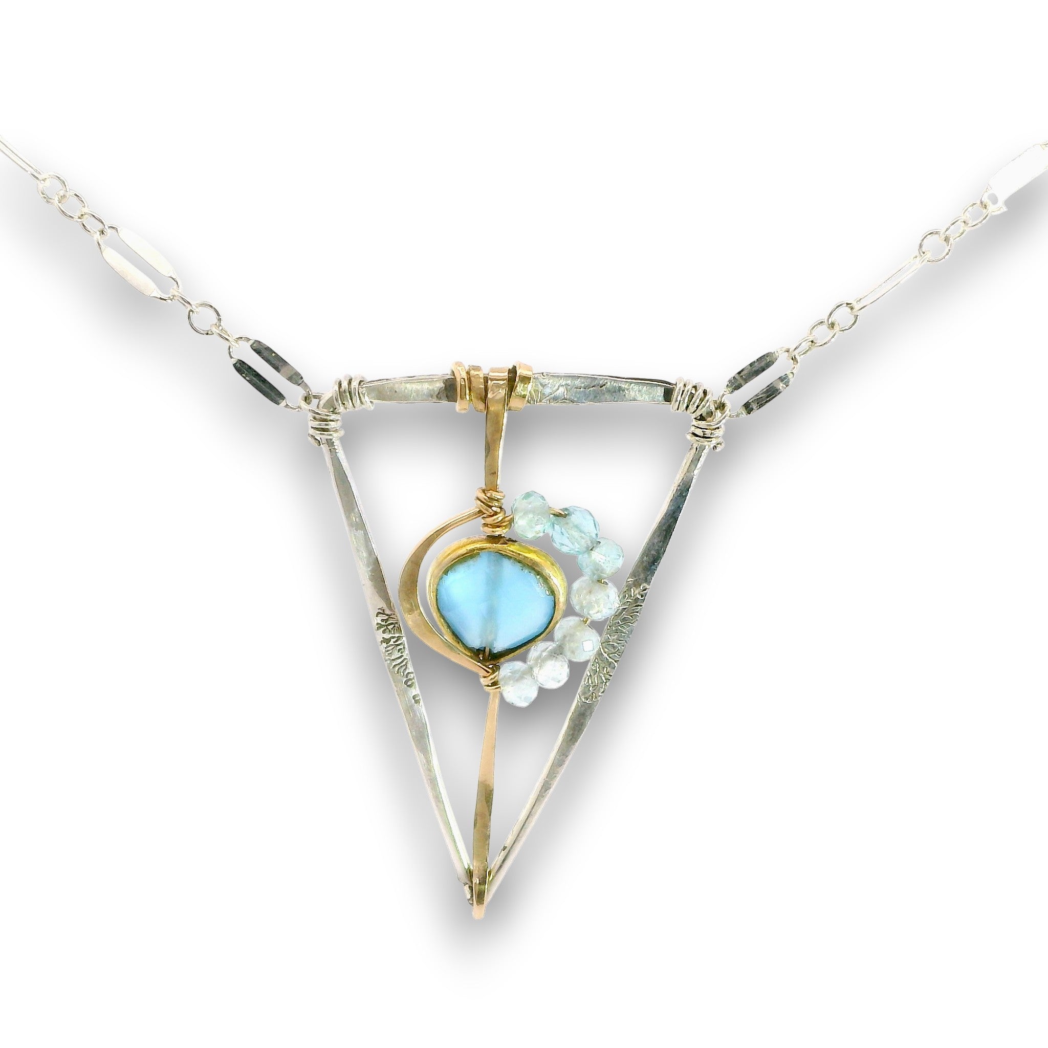 Tree stamped sterling silver and 14k gold filled triangle pendant with a chalcedony teardrop and apatite gemstones on a sterling silver chain necklace