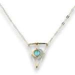 Tree stamped sterling silver and 14k gold filled triangle pendant with a chalcedony teardrop and apatite gemstones on a sterling silver chain necklace