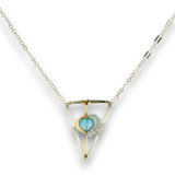Tree stamped sterling silver and 14k gold filled triangle pendant with a chalcedony teardrop and apatite gemstones on a sterling silver chain necklace