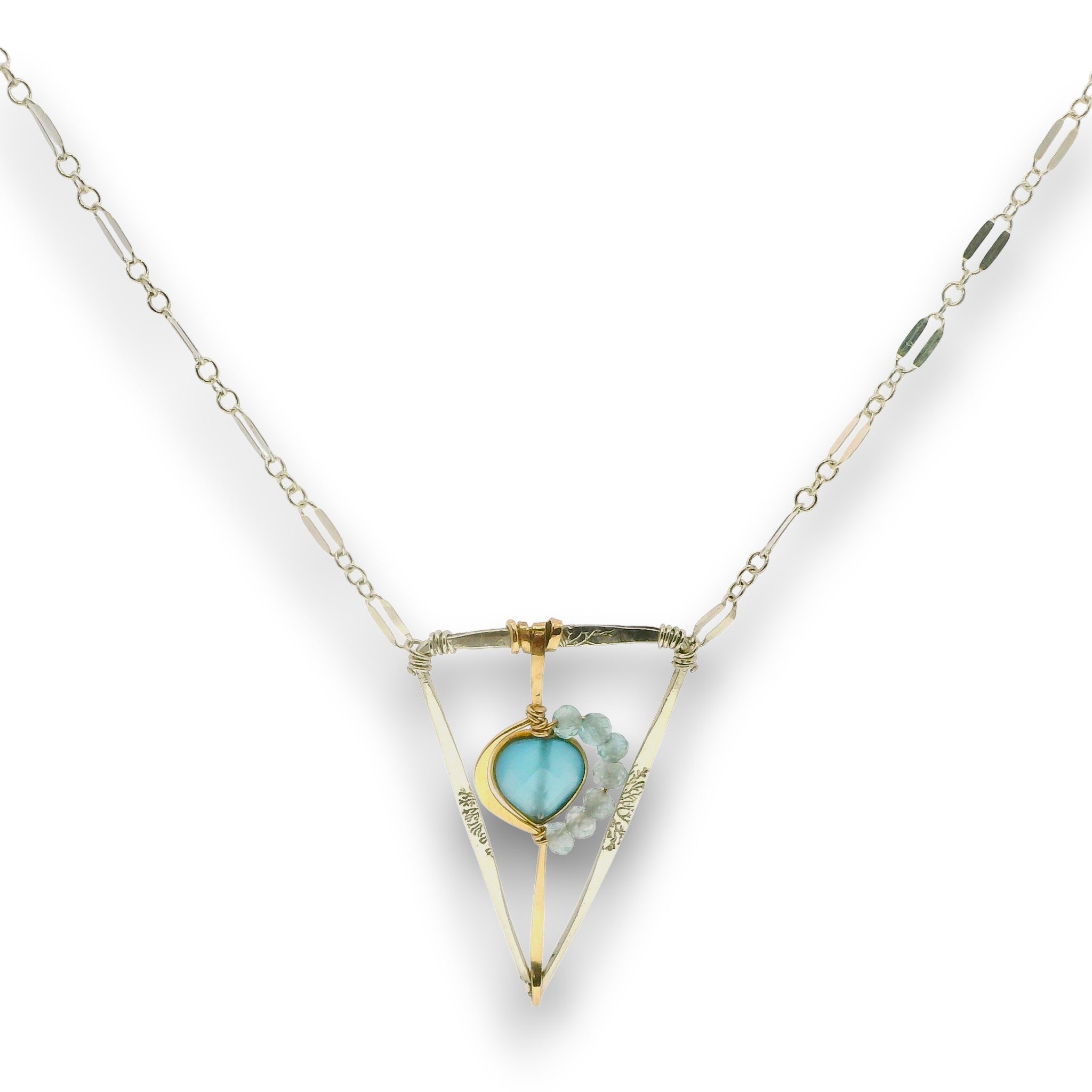 Tree stamped sterling silver and 14k gold filled triangle pendant with a chalcedony teardrop and apatite gemstones on a sterling silver chain necklace