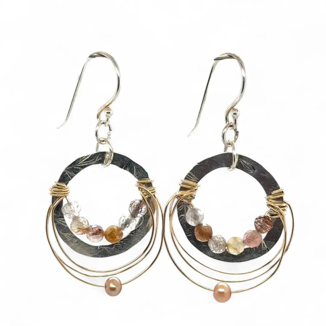 leaf stamped mini hoop earrings with rutilated quartz, gold filled wire webs, and champagne colored fresh water pearl