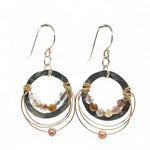 leaf stamped mini hoop earrings with rutilated quartz, gold filled wire webs, and champagne colored fresh water pearl