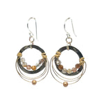 leaf stamped mini hoop earrings with rutilated quartz, gold filled wire webs, and champagne colored fresh water pearl