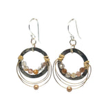 leaf stamped mini hoop earrings with rutilated quartz, gold filled wire webs, and champagne colored fresh water pearl