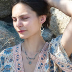 Moss aquamarine, crystal, and green cat's eye faceted gemstones, sparkly sterling links and sterling silver tube chain to form a double layered necklace