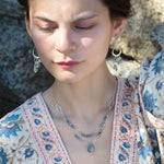 Moss aquamarine, crystal, and green cat's eye faceted gemstones, sparkly sterling links and sterling silver tube chain to form a double layered necklace