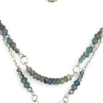 Moss aquamarine, crystal, and green cat's eye faceted gemstones, sparkly sterling links and sterling silver tube chain to form a double layered necklace
