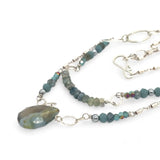 Moss aquamarine, crystal, and green cat's eye faceted gemstones, sparkly sterling links and sterling silver tube chain to form a double layered necklace