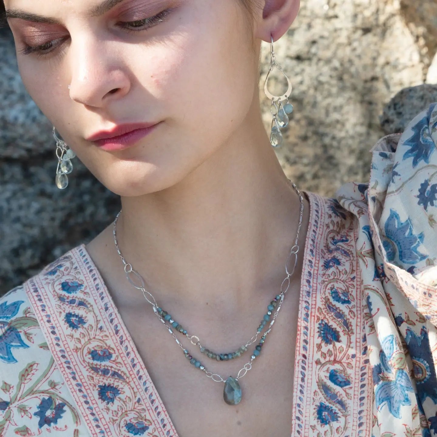 Moss aquamarine, crystal, and green cat's eye faceted gemstones, sparkly sterling links and sterling silver tube chain to form a double layered necklace