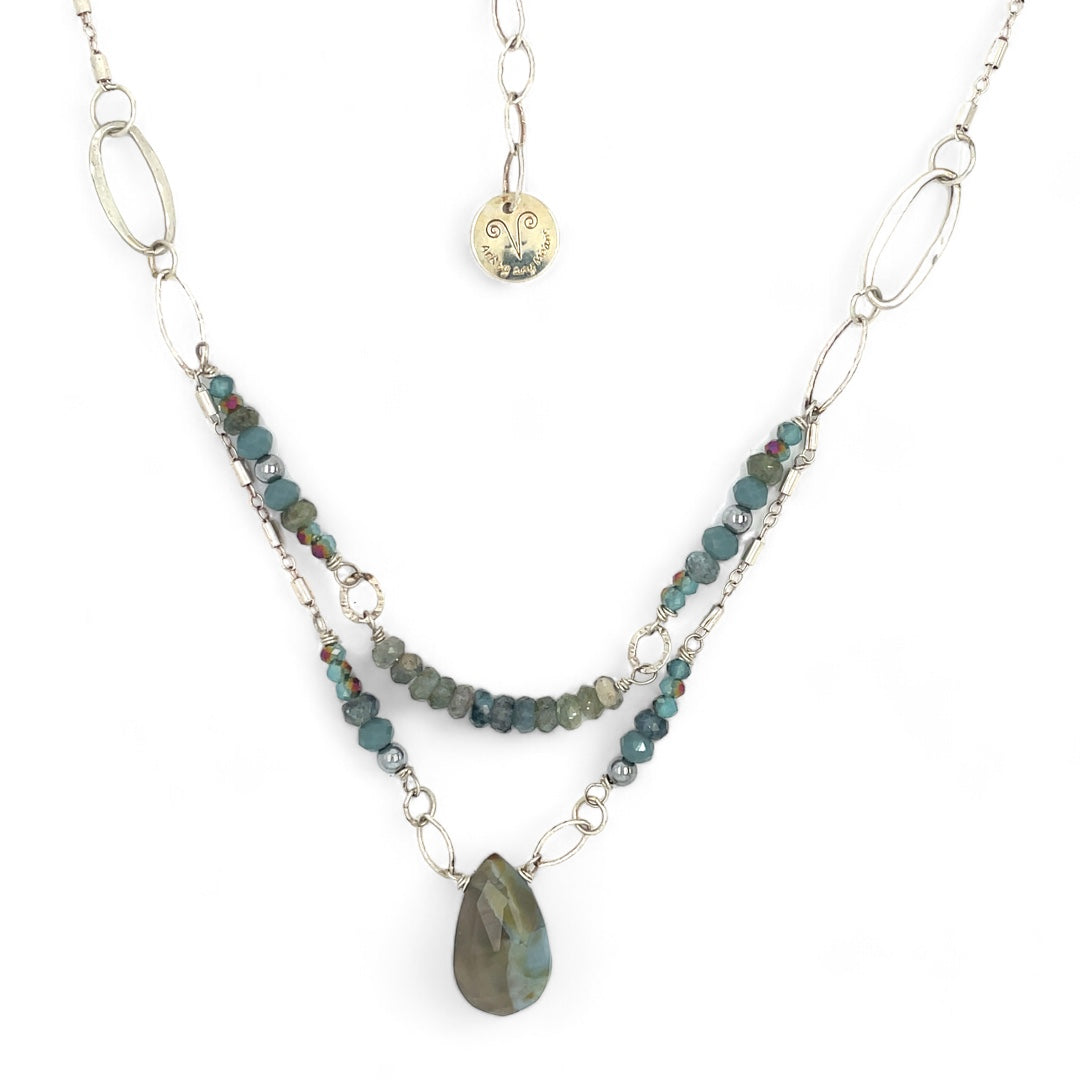 Moss aquamarine, crystal, and green cat's eye faceted gemstones, sparkly sterling links and sterling silver tube chain to form a double layered necklace