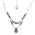 Moss aquamarine, crystal, and green cat's eye faceted gemstones, sparkly sterling links and sterling silver tube chain to form a double layered necklace