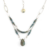 Moss aquamarine, crystal, and green cat's eye faceted gemstones, sparkly sterling links and sterling silver tube chain to form a double layered necklace