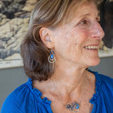 Floral stamped sterling silver mini channel hoops with lapis gemstones, blue jade, and dark purple blue fresh water seed pearls earrings