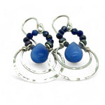 Floral stamped sterling silver mini channel hoops with lapis gemstones, blue jade, and dark purple blue fresh water seed pearls earrings