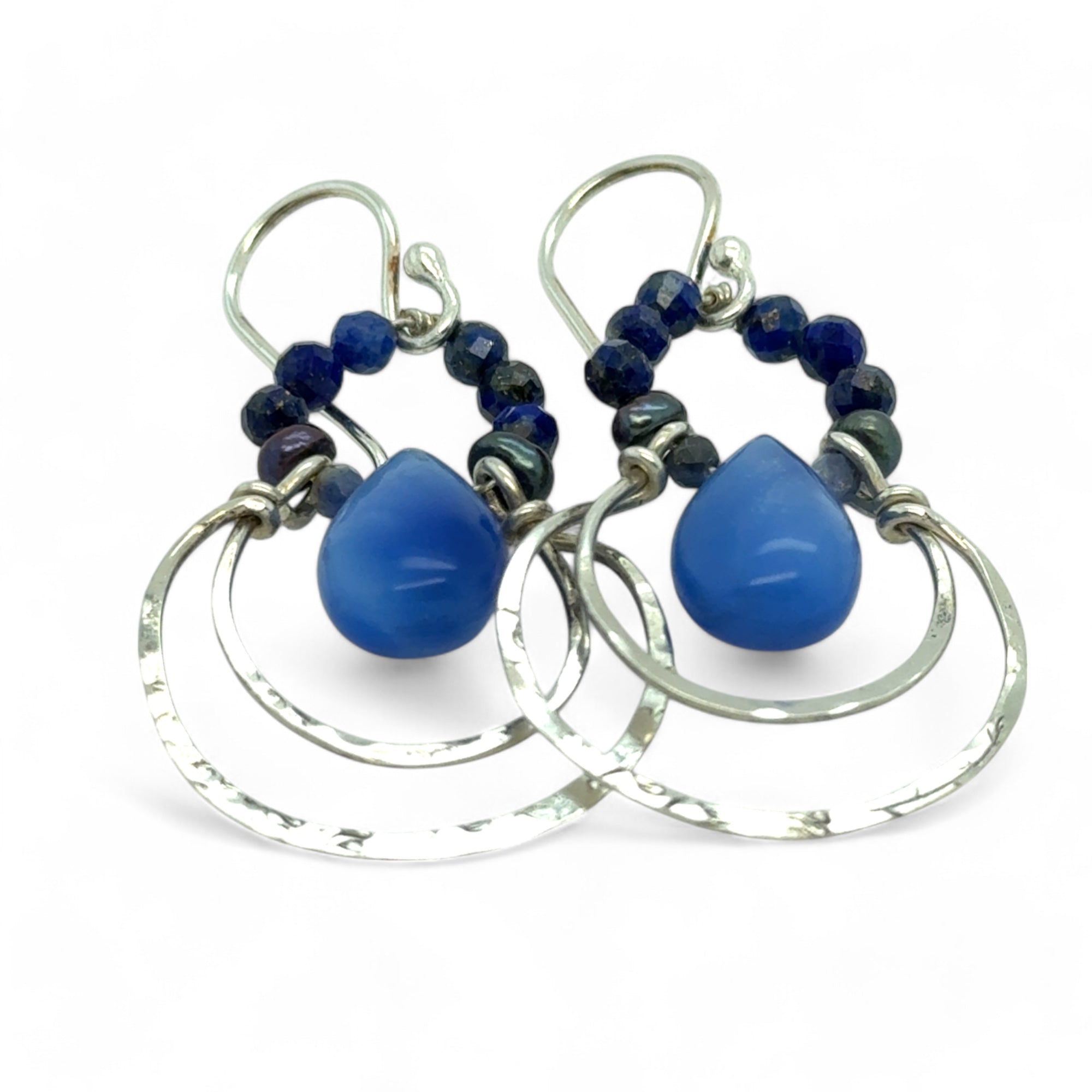 Floral stamped sterling silver mini channel hoops with lapis gemstones, blue jade, and dark purple blue fresh water seed pearls earrings