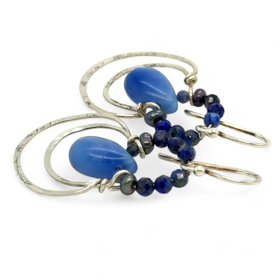 Floral stamped sterling silver mini channel hoops with lapis gemstones, blue jade, and dark purple blue fresh water seed pearls earrings