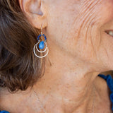 Floral stamped sterling silver mini channel hoops with lapis gemstones, blue jade, and dark purple blue fresh water seed pearls earrings
