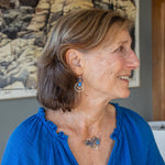 Floral stamped sterling silver mini channel hoops with lapis gemstones, blue jade, and dark purple blue fresh water seed pearls earrings