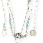 A sterling silver double strand necklace with chain links, twisted knot, amazonite, and aquamarine gemstones, featuring a blue rhomboid crystal pendant.