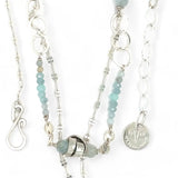 A sterling silver double strand necklace with chain links, twisted knot, amazonite, and aquamarine gemstones, featuring a blue rhomboid crystal pendant.