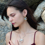 Aquamarine smooth oval gemstone earrings with a faceted blue crystal and wrapped in hammered sterling silver in a tree stamped brass drop earring with built in earring hooks that wear like a post earring