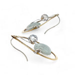 Aquamarine smooth oval gemstone earrings with a faceted blue crystal and wrapped in hammered sterling silver in a tree stamped brass drop earring with built in earring hooks that wear like a post earring