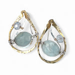 Aquamarine smooth oval gemstone earrings with a faceted blue crystal and wrapped in hammered sterling silver in a tree stamped brass drop earring with built in earring hooks that wear like a post earring