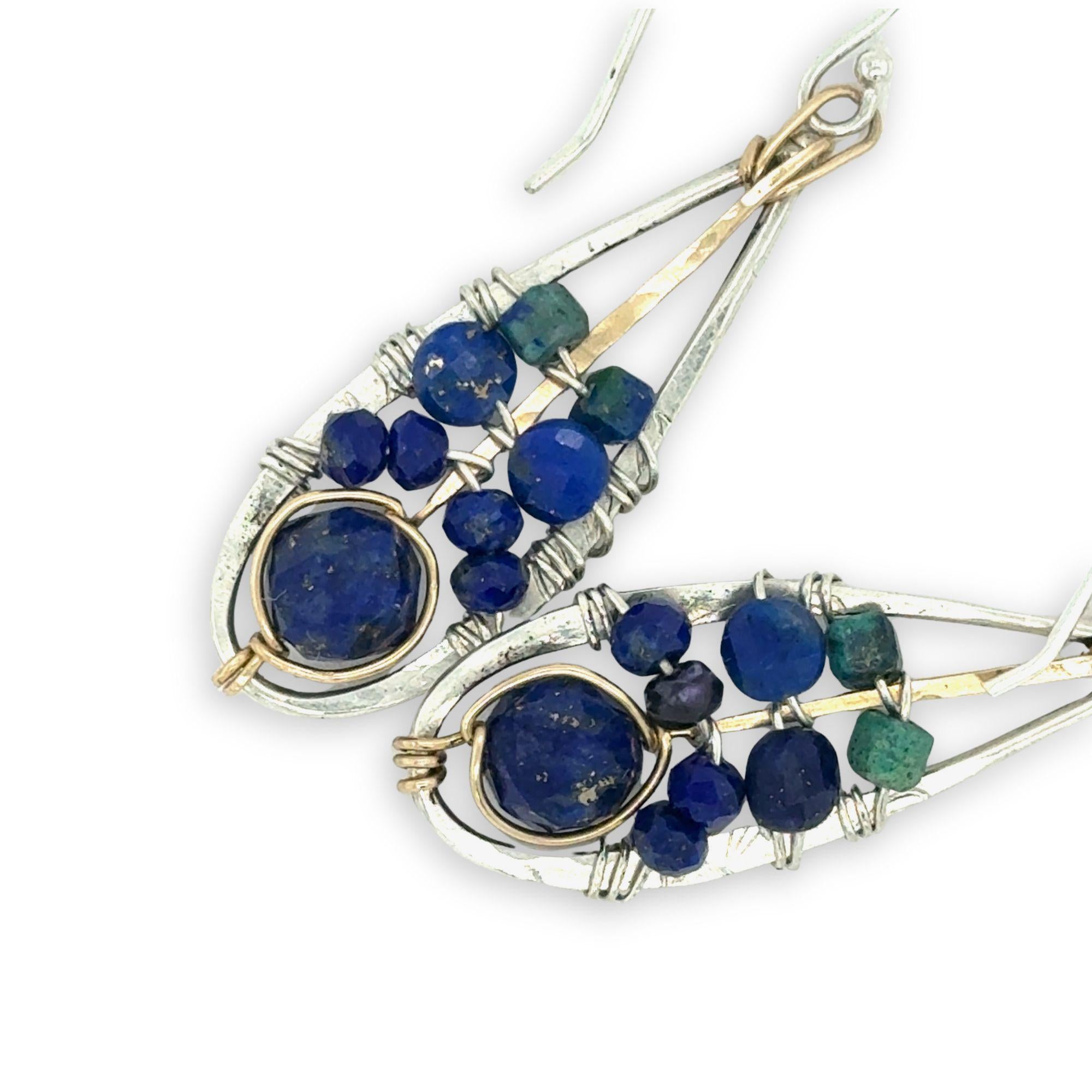 sterling silver mini drop earrings with lapis and azurite faceted gemstones and gold fill accents