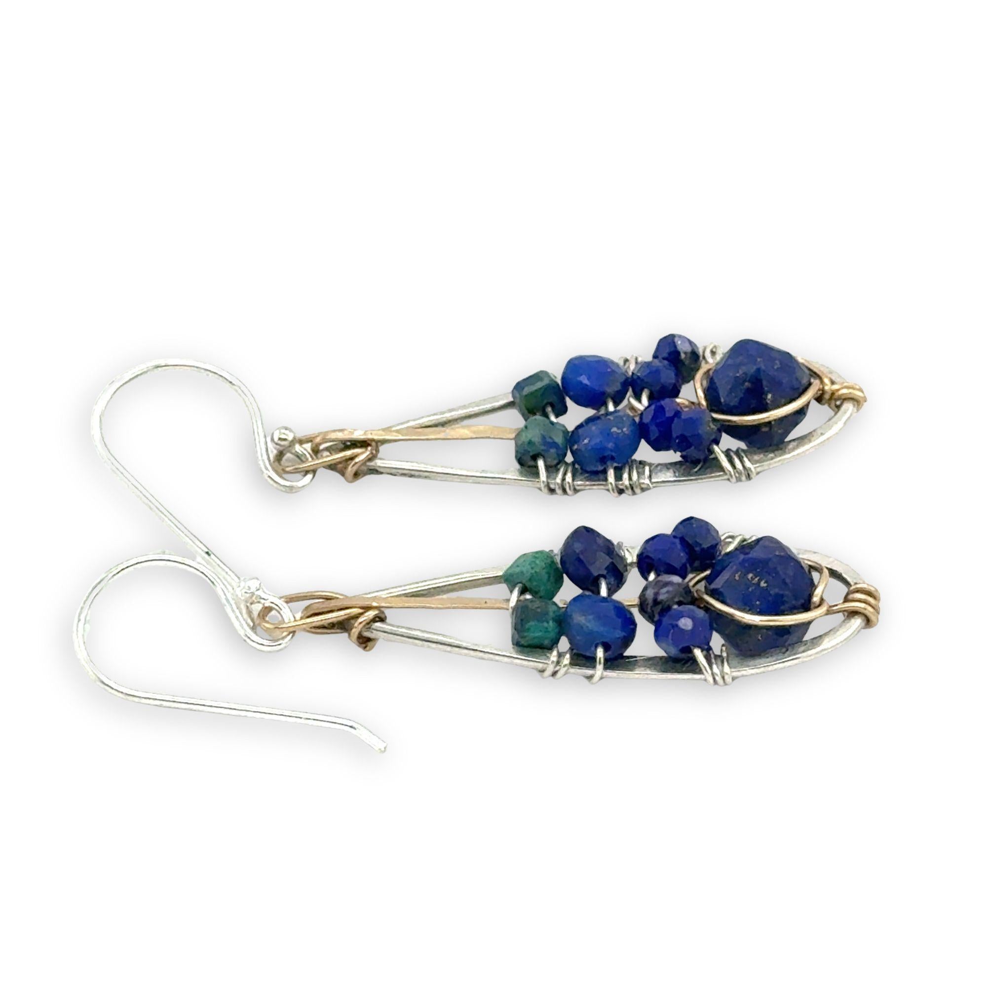 sterling silver mini drop earrings with lapis and azurite faceted gemstones and gold fill accents